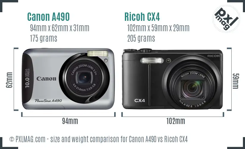 Canon A490 vs Ricoh CX4 size comparison Canon A490 vs Ricoh CX4 size comparison