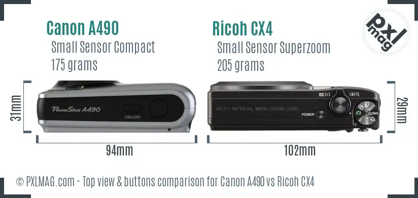 Canon A490 vs Ricoh CX4 top view buttons comparison Canon A490 vs Ricoh CX4 top view buttons comparison