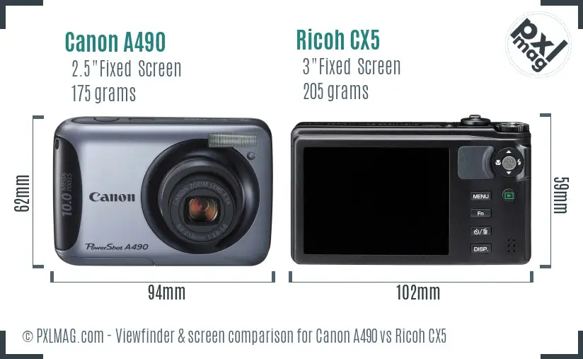 Canon A490 vs Ricoh CX5 Screen and Viewfinder comparison