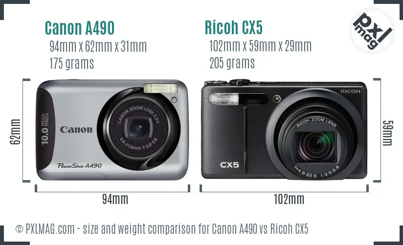 Canon A490 vs Ricoh CX5 size comparison Canon A490 vs Ricoh CX5 size comparison