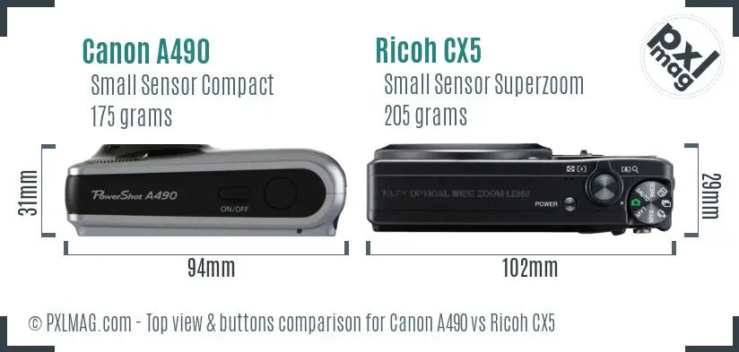 Canon A490 vs Ricoh CX5 top view buttons comparison