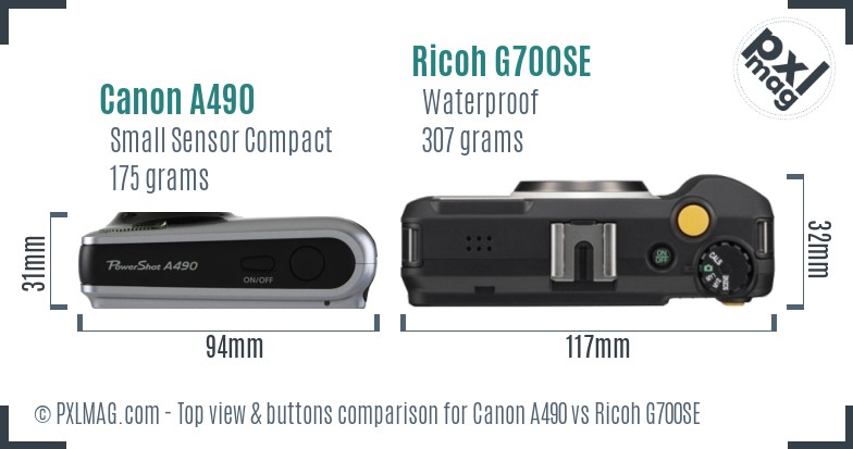 Canon A490 vs Ricoh G700SE top view buttons comparison