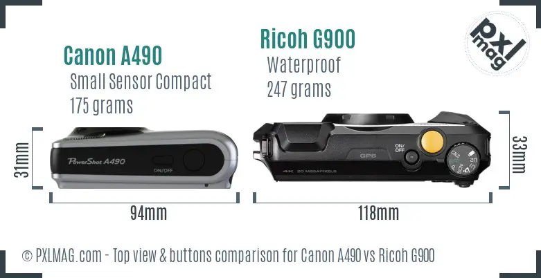 Canon A490 vs Ricoh G900 top view buttons comparison Canon A490 vs Ricoh G900 top view buttons comparison