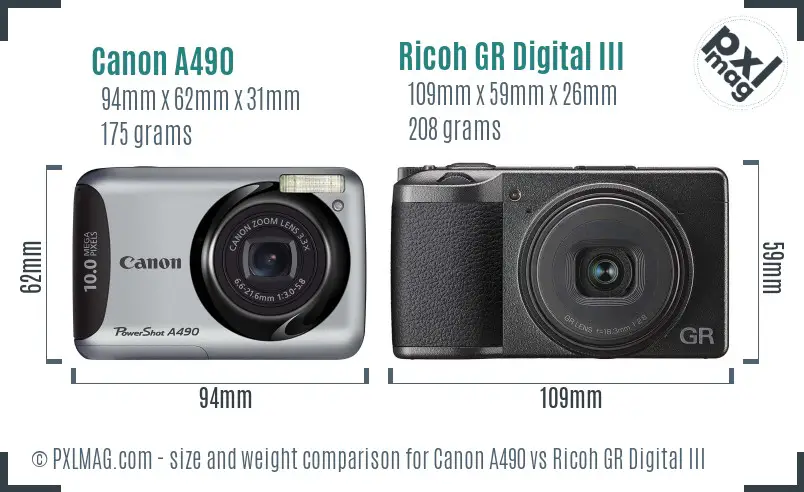 Canon A490 vs Ricoh GR Digital III size comparison Canon A490 vs Ricoh GR Digital III size comparison