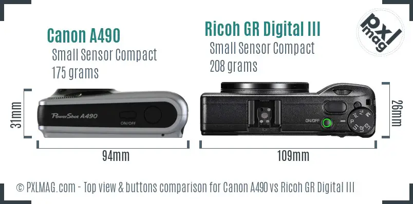 Canon A490 vs Ricoh GR Digital III top view buttons comparison Canon A490 vs Ricoh GR Digital III top view buttons comparison