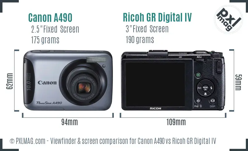 Canon A490 vs Ricoh GR Digital IV Screen and Viewfinder comparison