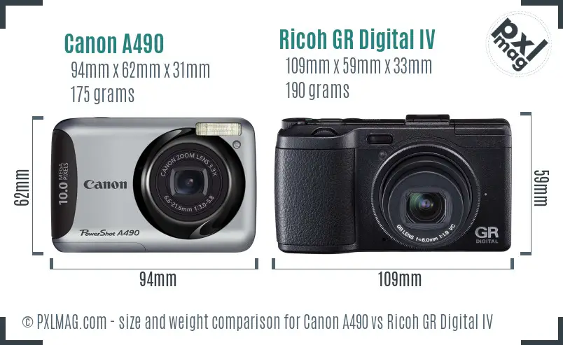 Canon A490 vs Ricoh GR Digital IV size comparison