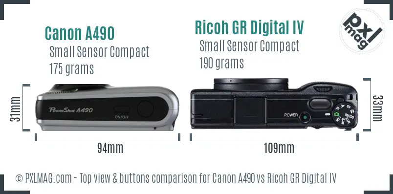 Canon A490 vs Ricoh GR Digital IV top view buttons comparison