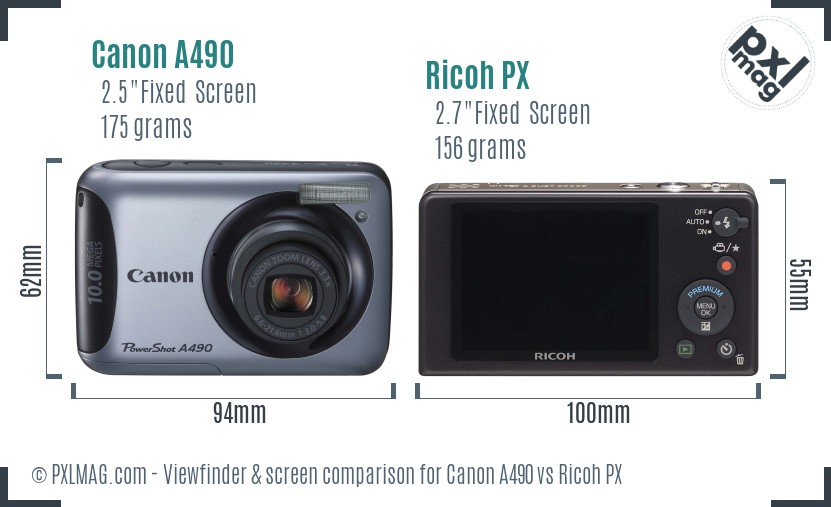 Canon A490 vs Ricoh PX Screen and Viewfinder comparison