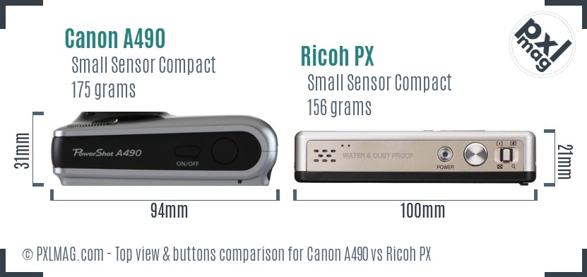 Canon A490 vs Ricoh PX top view buttons comparison