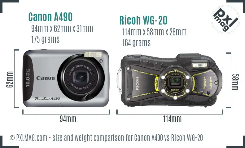 Canon A490 vs Ricoh WG-20 size comparison