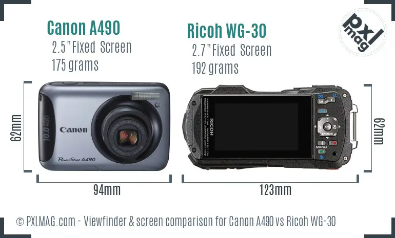 Canon A490 vs Ricoh WG-30 Screen and Viewfinder comparison