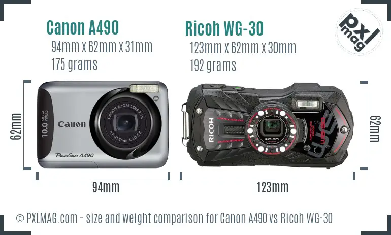 Canon A490 vs Ricoh WG-30 size comparison