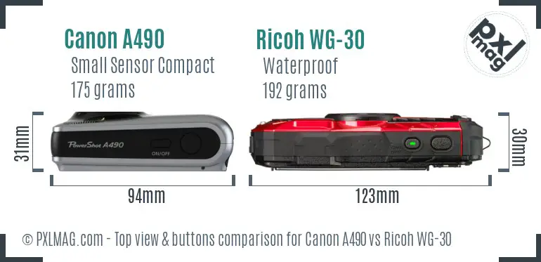 Canon A490 vs Ricoh WG-30 top view buttons comparison