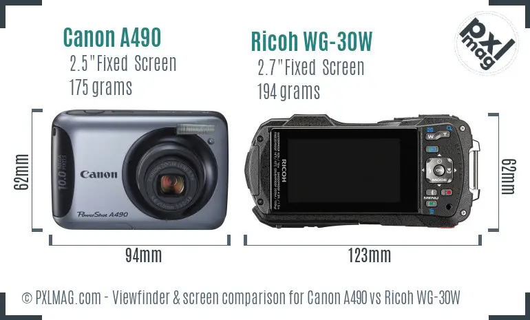 Canon A490 vs Ricoh WG-30W Screen and Viewfinder comparison