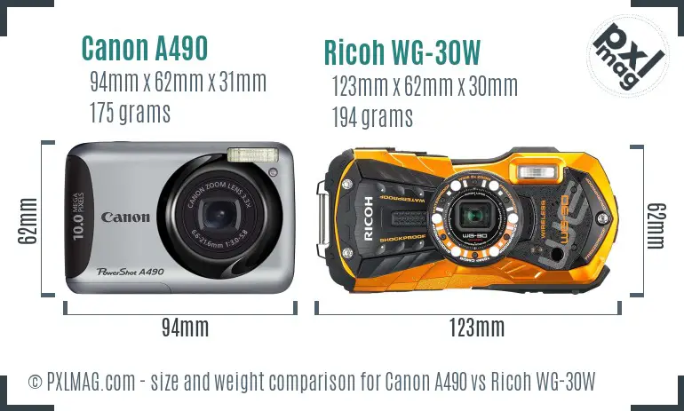 Canon A490 vs Ricoh WG-30W size comparison