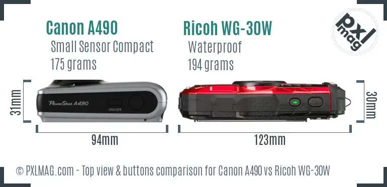 Canon A490 vs Ricoh WG-30W top view buttons comparison