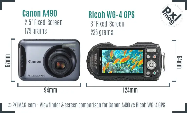 Canon A490 vs Ricoh WG-4 GPS Screen and Viewfinder comparison