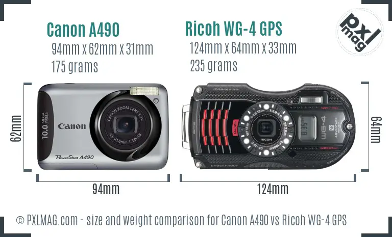 Canon A490 vs Ricoh WG-4 GPS size comparison