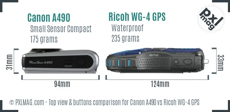 Canon A490 vs Ricoh WG-4 GPS top view buttons comparison