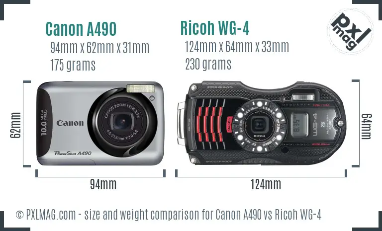 Canon A490 vs Ricoh WG-4 size comparison