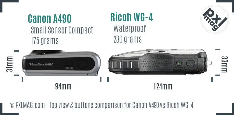 Canon A490 vs Ricoh WG-4 top view buttons comparison