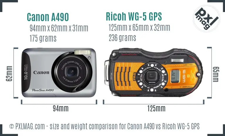 Canon A490 vs Ricoh WG-5 GPS size comparison