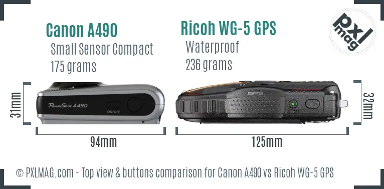 Canon A490 vs Ricoh WG-5 GPS top view buttons comparison