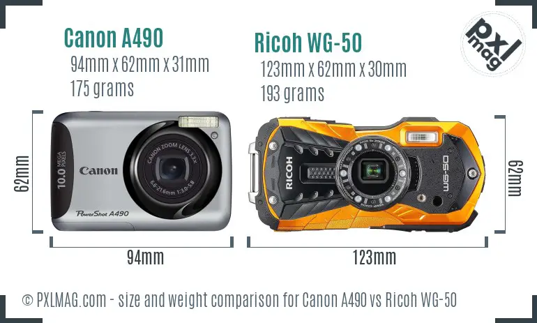 Canon A490 vs Ricoh WG-50 size comparison