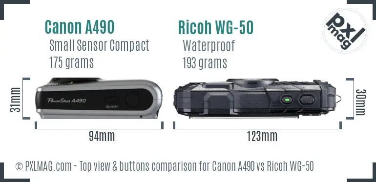 Canon A490 vs Ricoh WG-50 top view buttons comparison