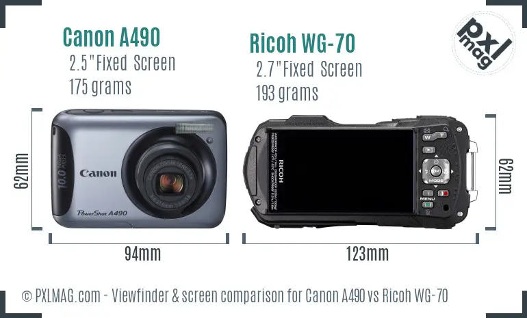 Canon A490 vs Ricoh WG-70 Screen and Viewfinder comparison