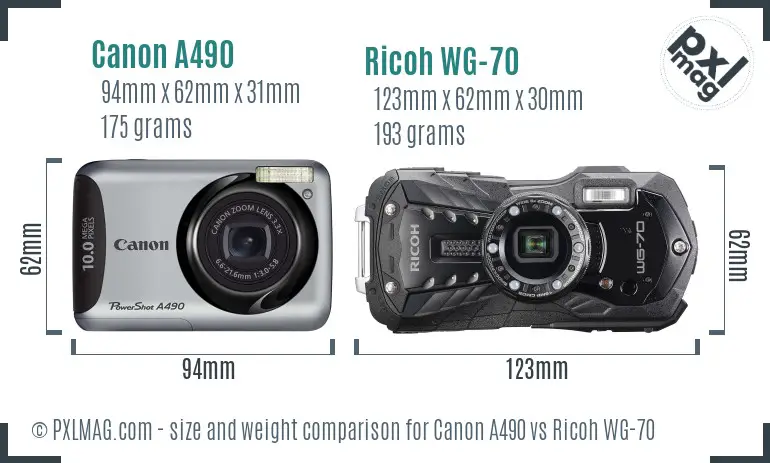 Canon A490 vs Ricoh WG-70 size comparison