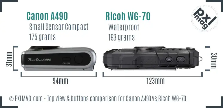Canon A490 vs Ricoh WG-70 top view buttons comparison