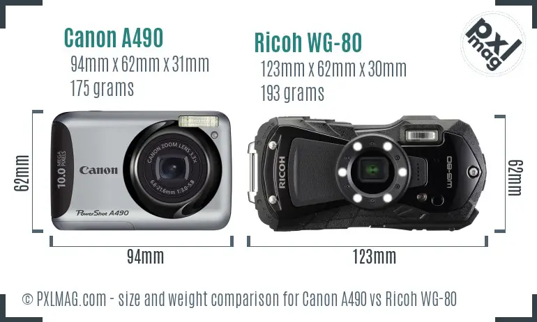 Canon A490 vs Ricoh WG-80 size comparison