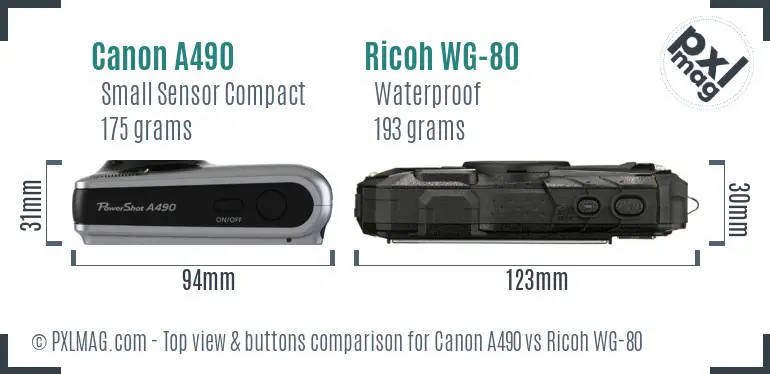 Canon A490 vs Ricoh WG-80 top view buttons comparison