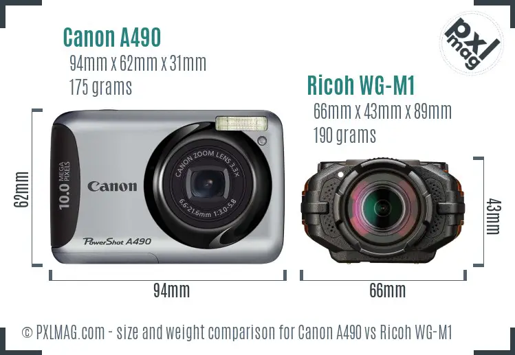 Canon A490 vs Ricoh WG-M1 size comparison