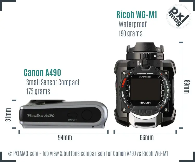Canon A490 vs Ricoh WG-M1 top view buttons comparison