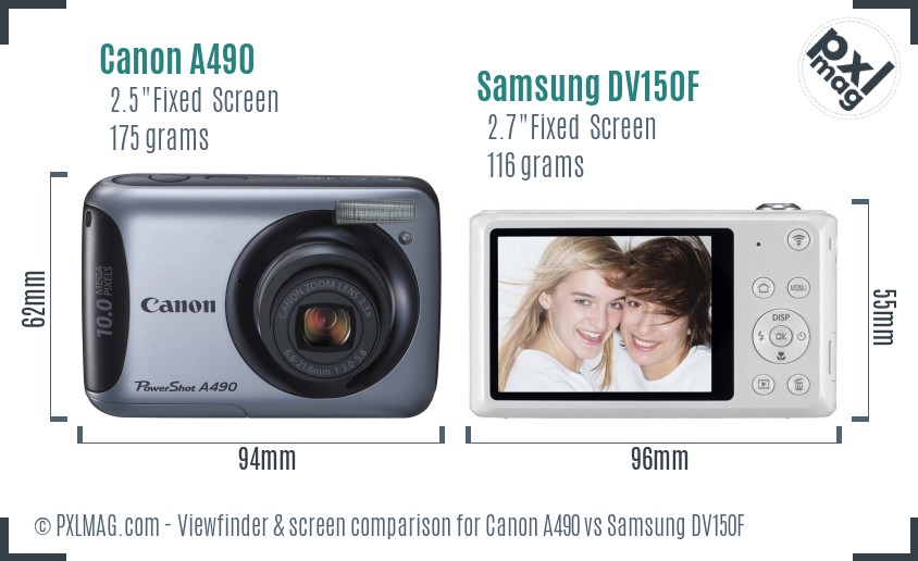 Canon A490 vs Samsung DV150F Screen and Viewfinder comparison