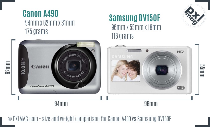 Canon A490 vs Samsung DV150F size comparison