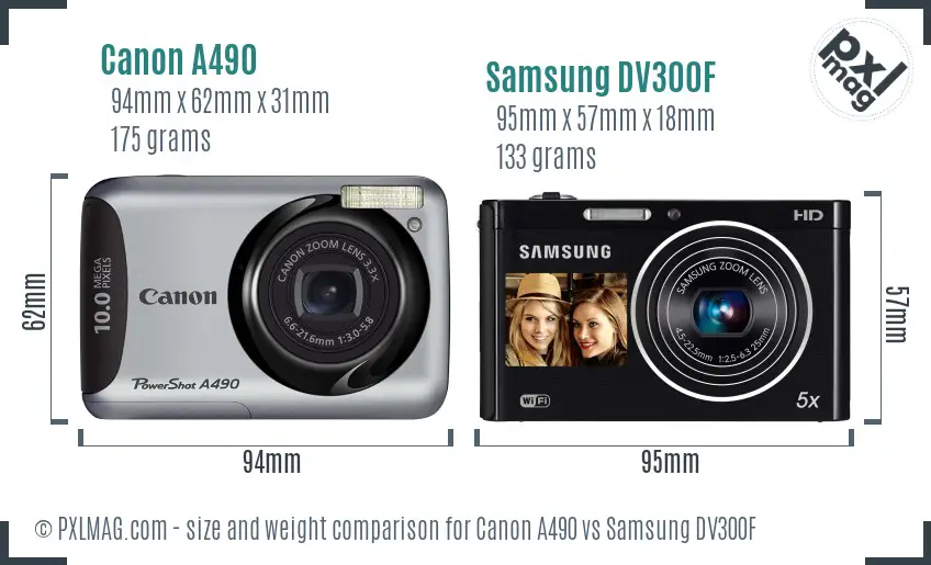 Canon A490 vs Samsung DV300F size comparison