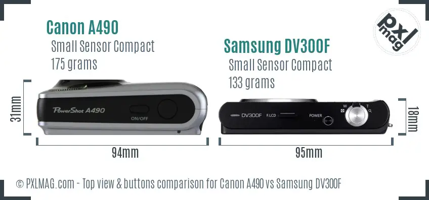 Canon A490 vs Samsung DV300F top view buttons comparison