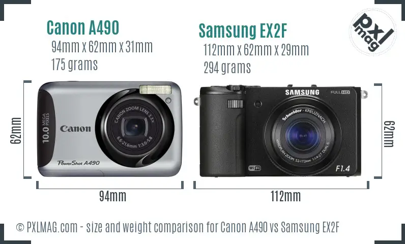 Canon A490 vs Samsung EX2F size comparison