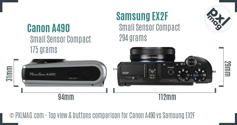 Canon A490 vs Samsung EX2F top view buttons comparison