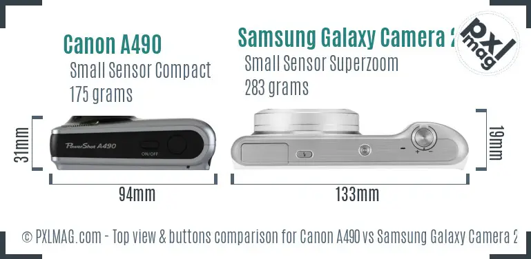 Canon A490 vs Samsung Galaxy Camera 2 top view buttons comparison Canon A490 vs Samsung Galaxy Camera 2 top view buttons comparison