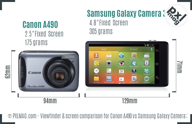 Canon A490 vs Samsung Galaxy Camera 3G Screen and Viewfinder comparison