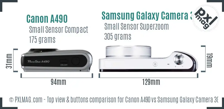 Canon A490 vs Samsung Galaxy Camera 3G top view buttons comparison