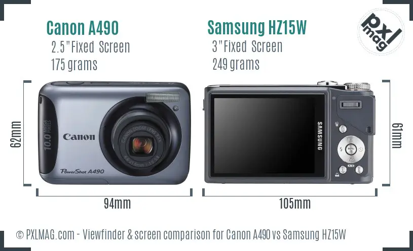 Canon A490 vs Samsung HZ15W Screen and Viewfinder comparison