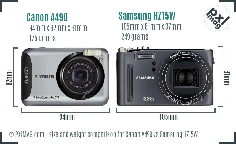 Canon A490 vs Samsung HZ15W size comparison
