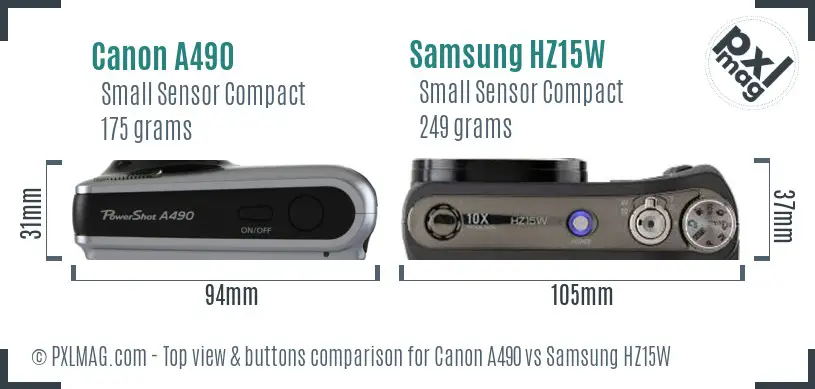 Canon A490 vs Samsung HZ15W top view buttons comparison