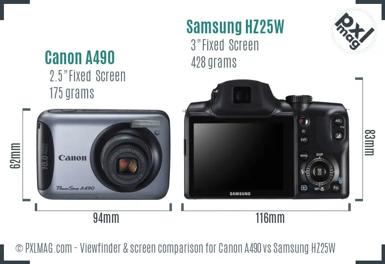 Canon A490 vs Samsung HZ25W Screen and Viewfinder comparison